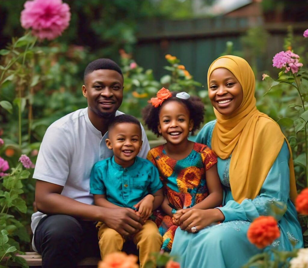 a family in a garden- flowers