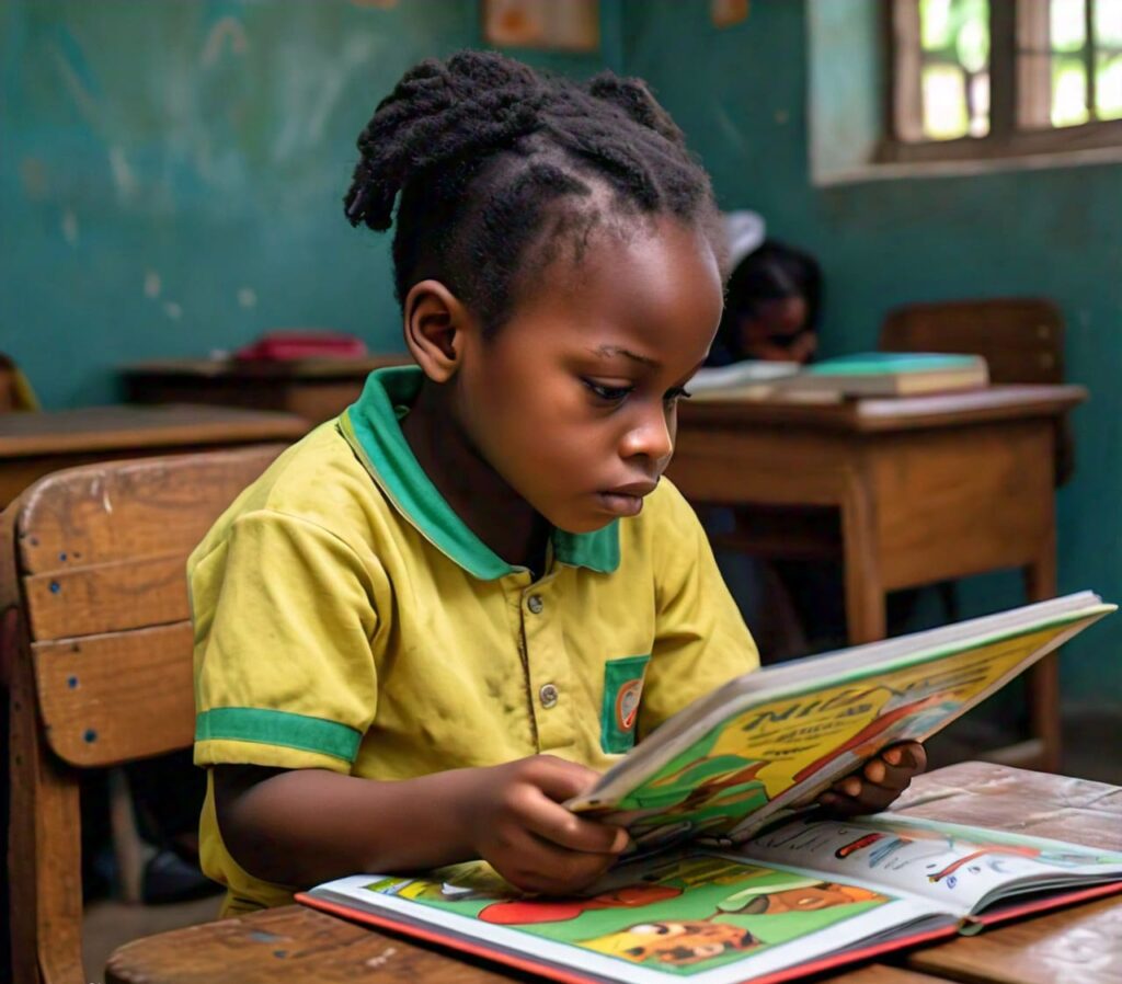 A child reading a book, concentrating but struggling to decode the words. A sign of dyslexia in Children