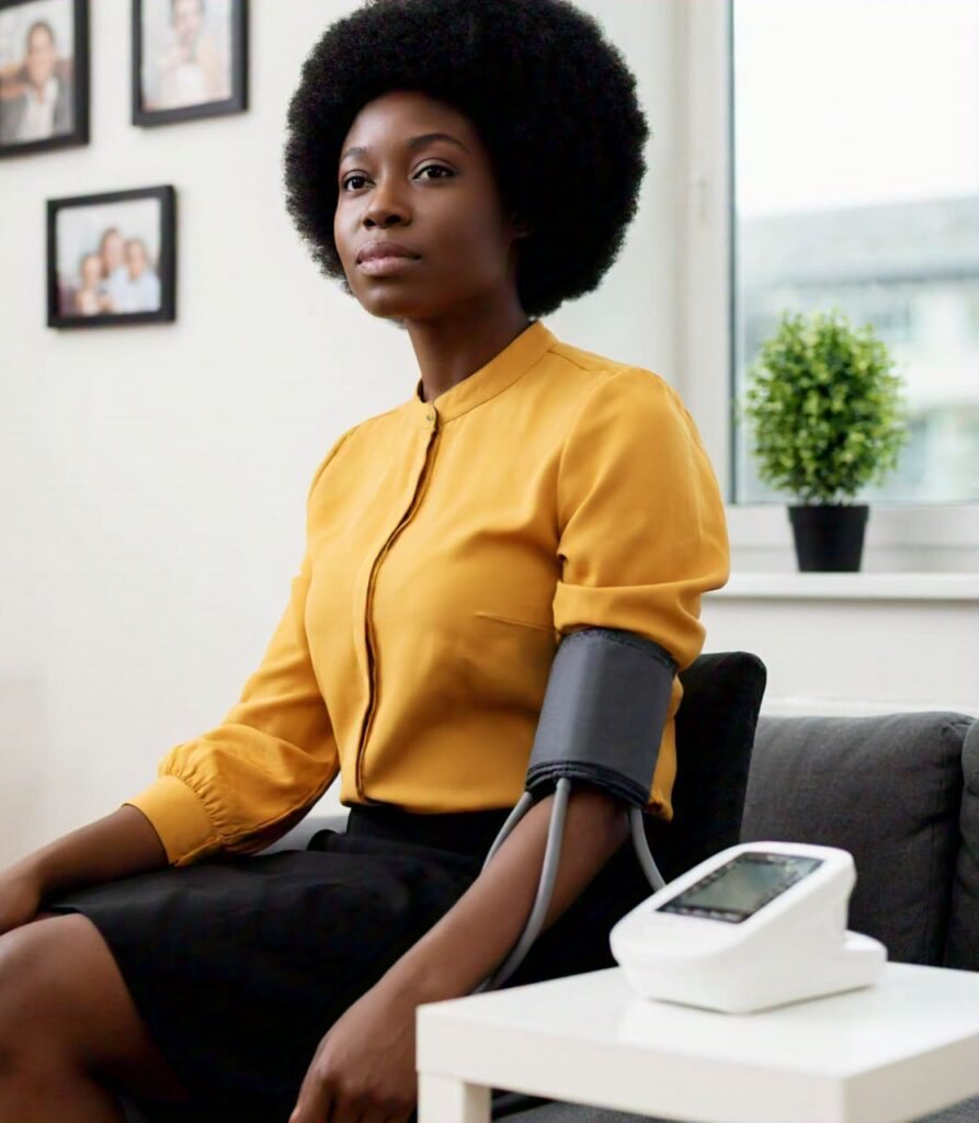 Nigerian woman monitoring her blood pressure to prevent heart attacks.