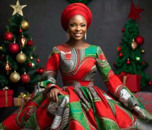 Vibrant Ankara dress styled for a Nigerian Christmas celebration.