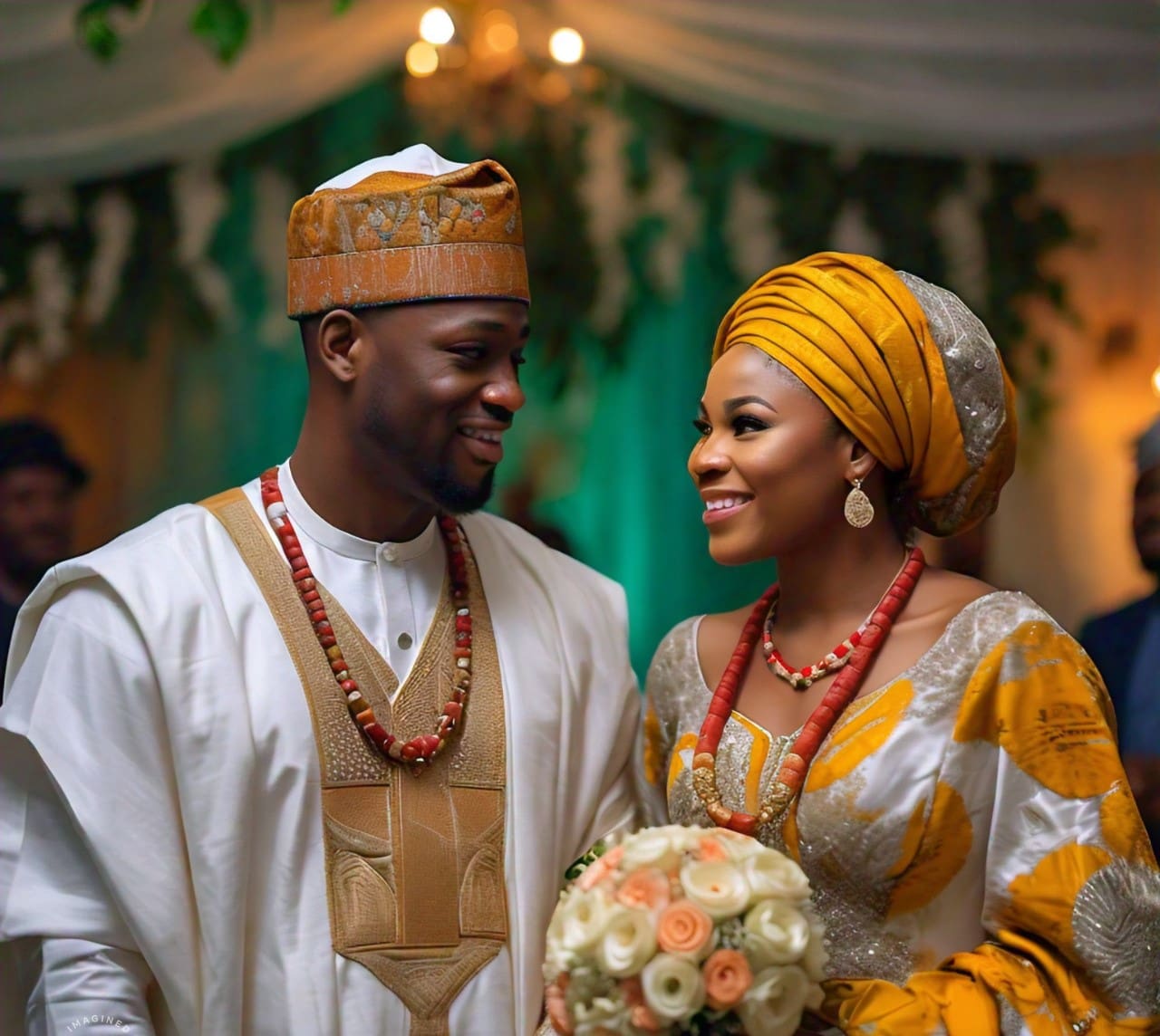 Nigerian couple celebrating traditional marriage