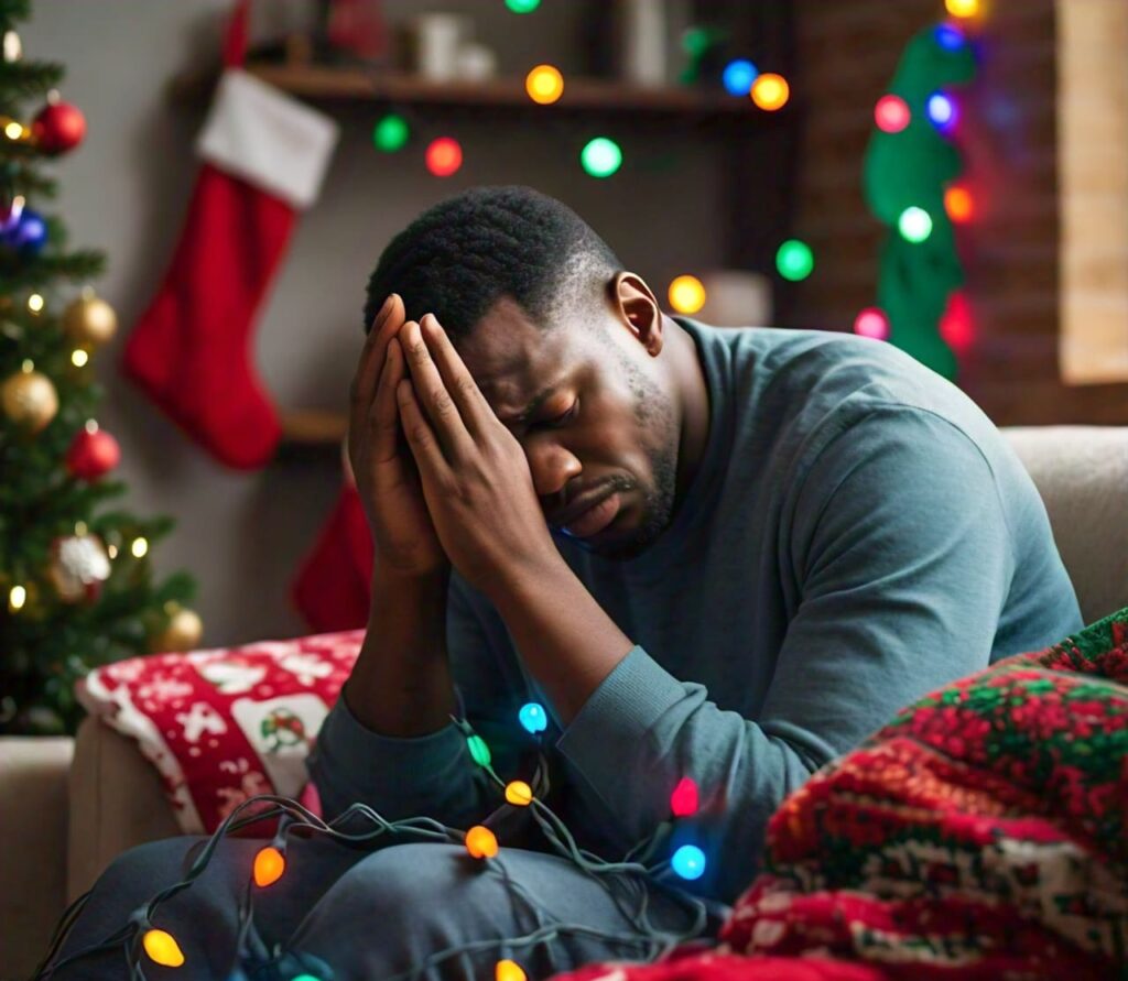 A stressed person dealing with holiday anxiety, highlighting the need for stress management during Christmas season