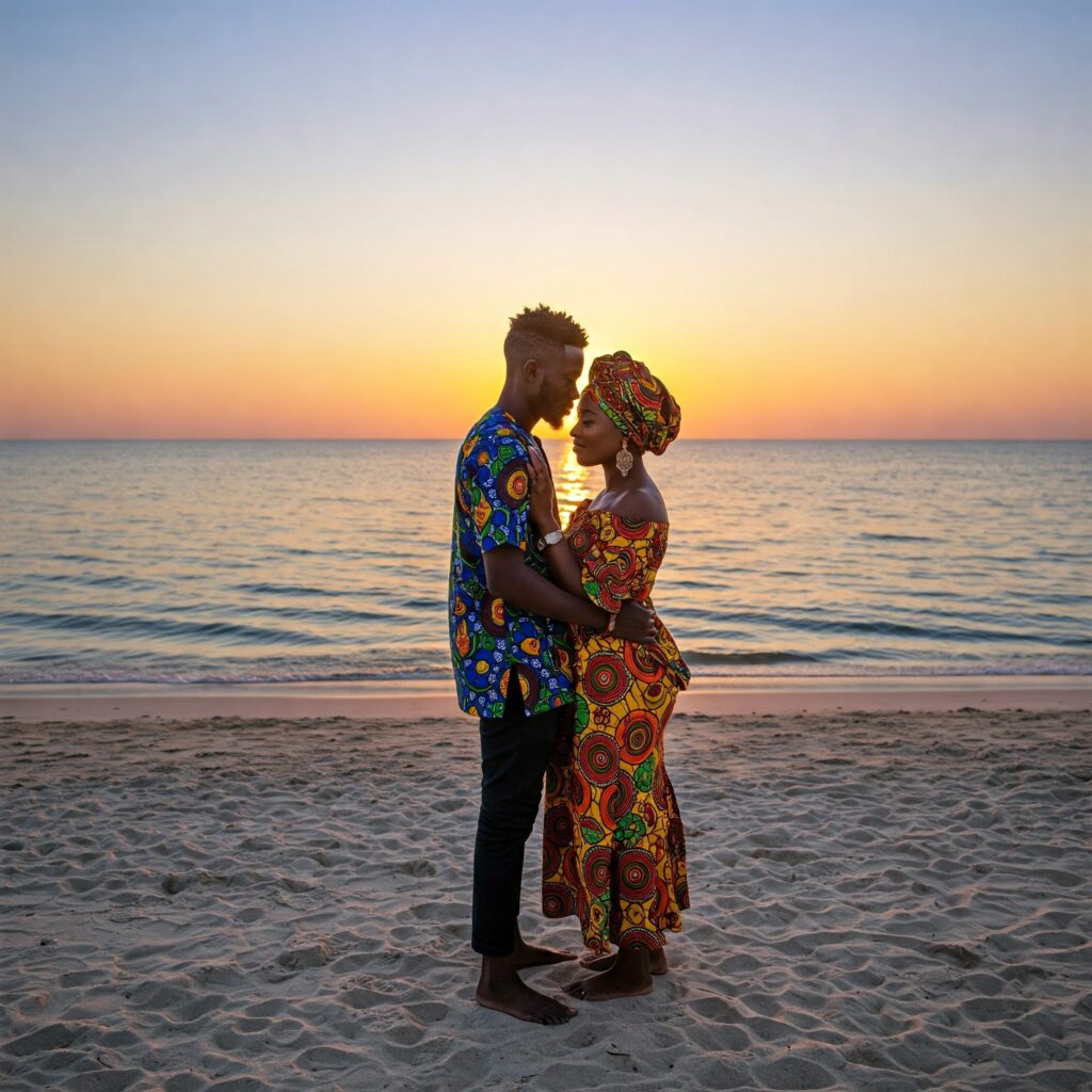 A young Nigerian couple stand embracing on a beautiful beach at sunset