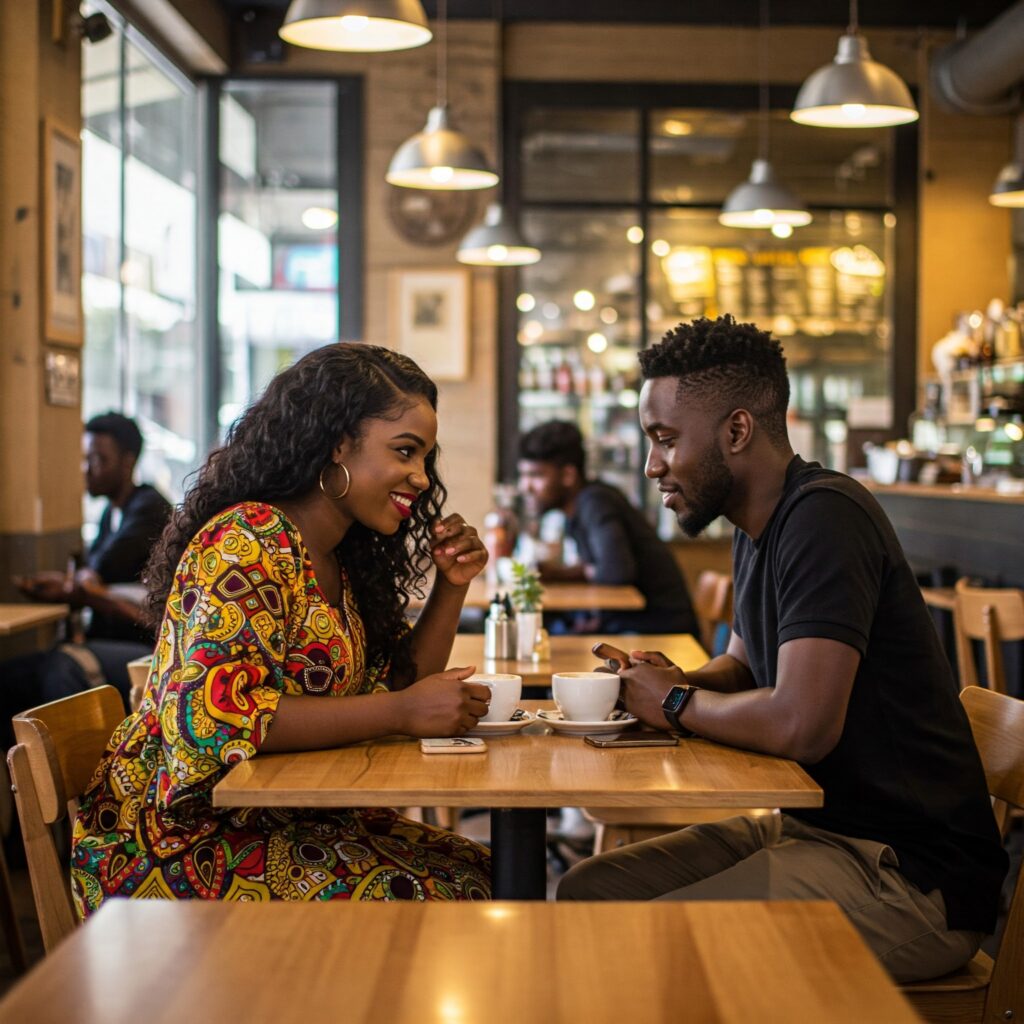 A couple having a deep conversation over coffee in a cafe