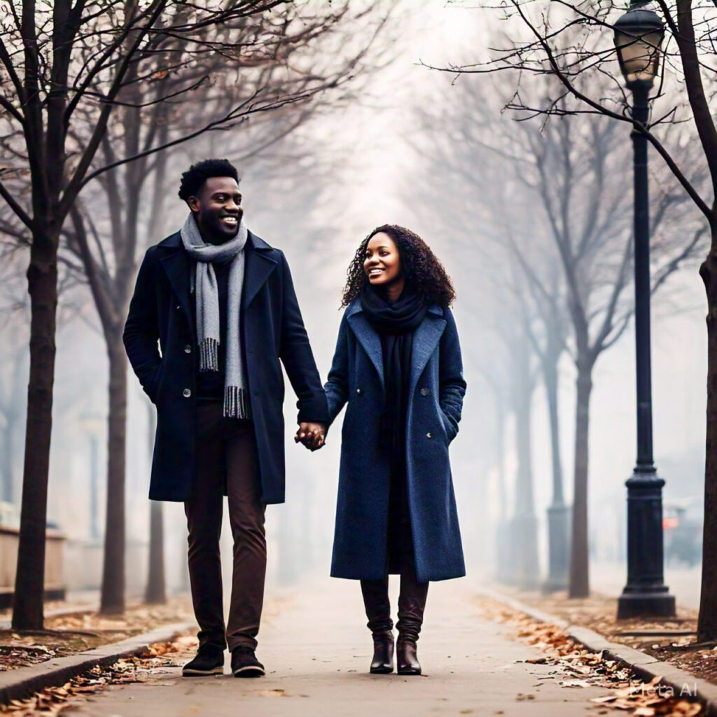 A couple walking down the street during harmattan