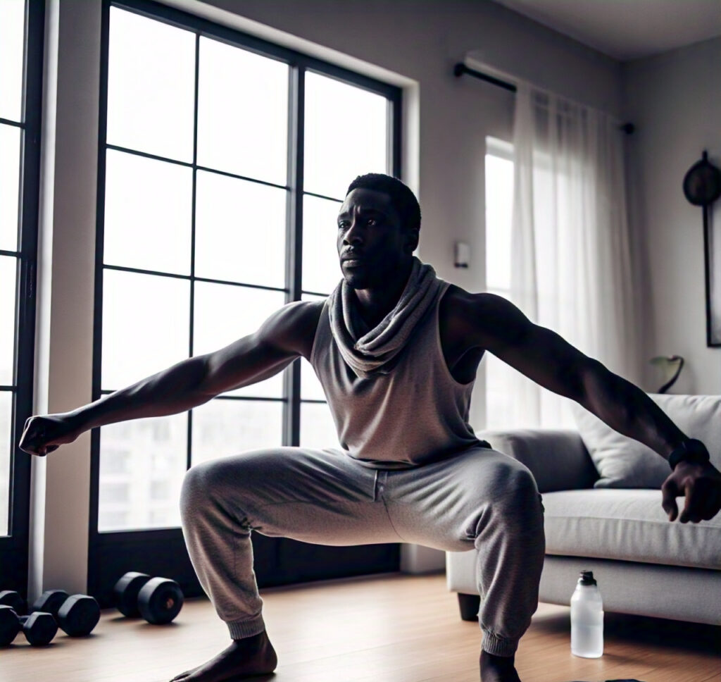 A person doing home workouts using resistance bands.