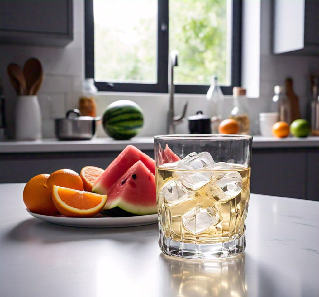 A glass of water placed on a kitchen table alongside fresh fruits