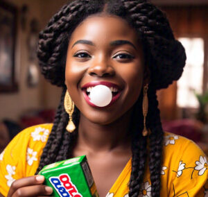 a lady making bubble with a chewing gum-chewing gum