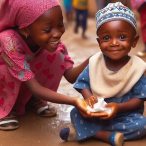 a young girl helping a younger boy- true kindness