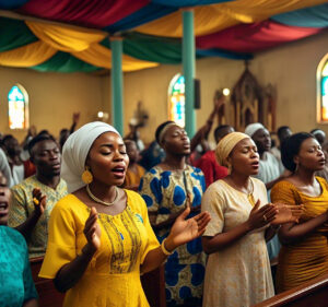 A vibrant church service in Nigeria, showcasing the importance of community support and religious practice for mental well-being