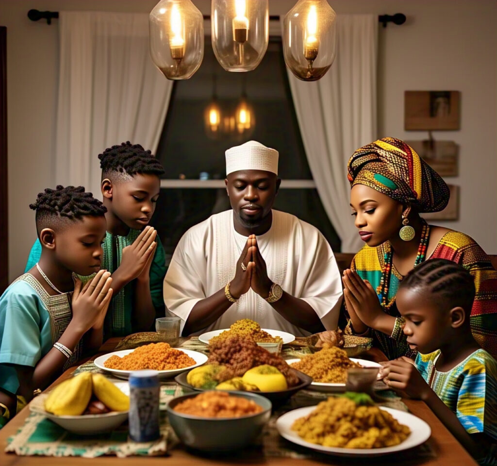 A Nigerian family praying together, illustrating how faith can provide comfort and strength during difficult times.