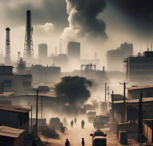 A polluted city with thick smog from vehicle emissions, highlighting air pollution and its impact on health.