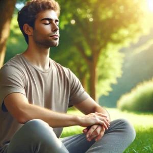 A-person-sitting-in-a-peaceful-outdoor-setting-eyes-closed-practicing-one-of-the ways-to calm-your-nerves-in-chaotic-situations.-They-have-a-relaxed-posture-hands-resting-on-their-knees