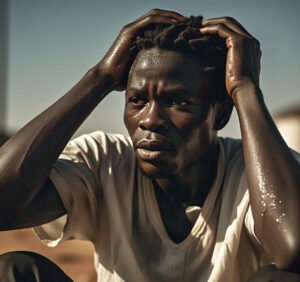 A person suffering from heatstroke under intense sunlight in Nigeria.