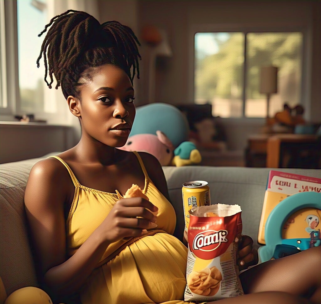 A black pregnant woman eating junk food