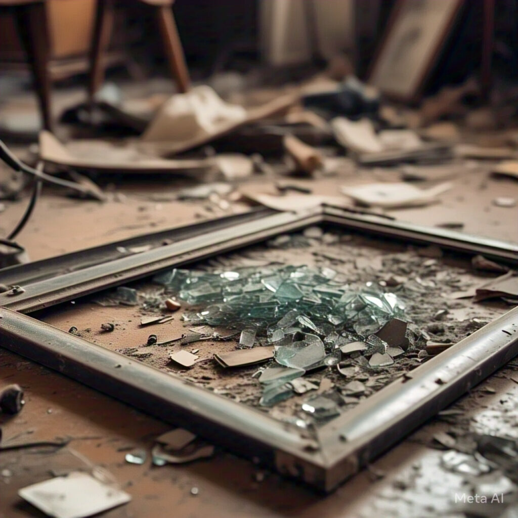 A broken picture frame on the floor, subtly illustrating the destruction caused by domestic violence in Nigerian homes