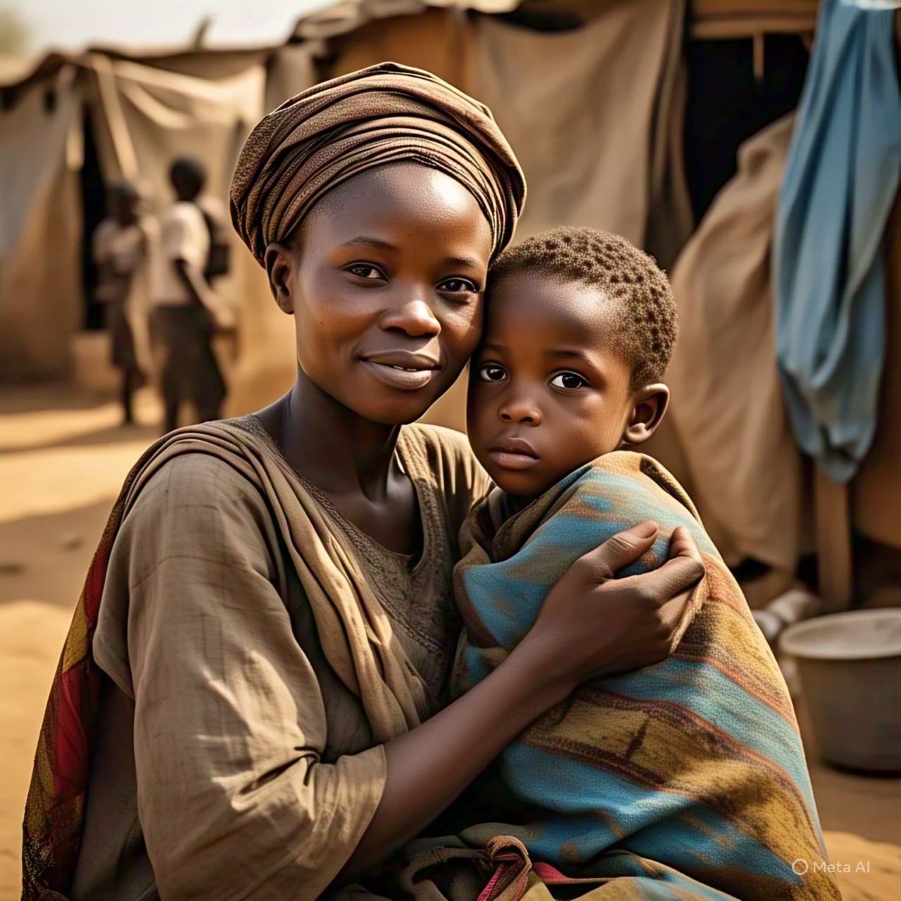 WELLbeing Magazine 13 Nigerian mother hugging her child in a displacement camp, promoting emotional security in conflict-affected areas.