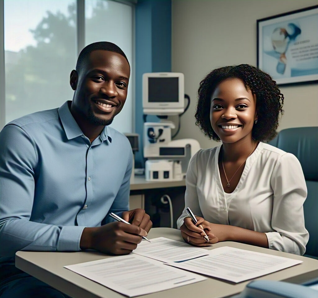 a_smiling_black_couple_filling_out_medical Newlywed couple preparing for joint STI screening at a healthcare facility