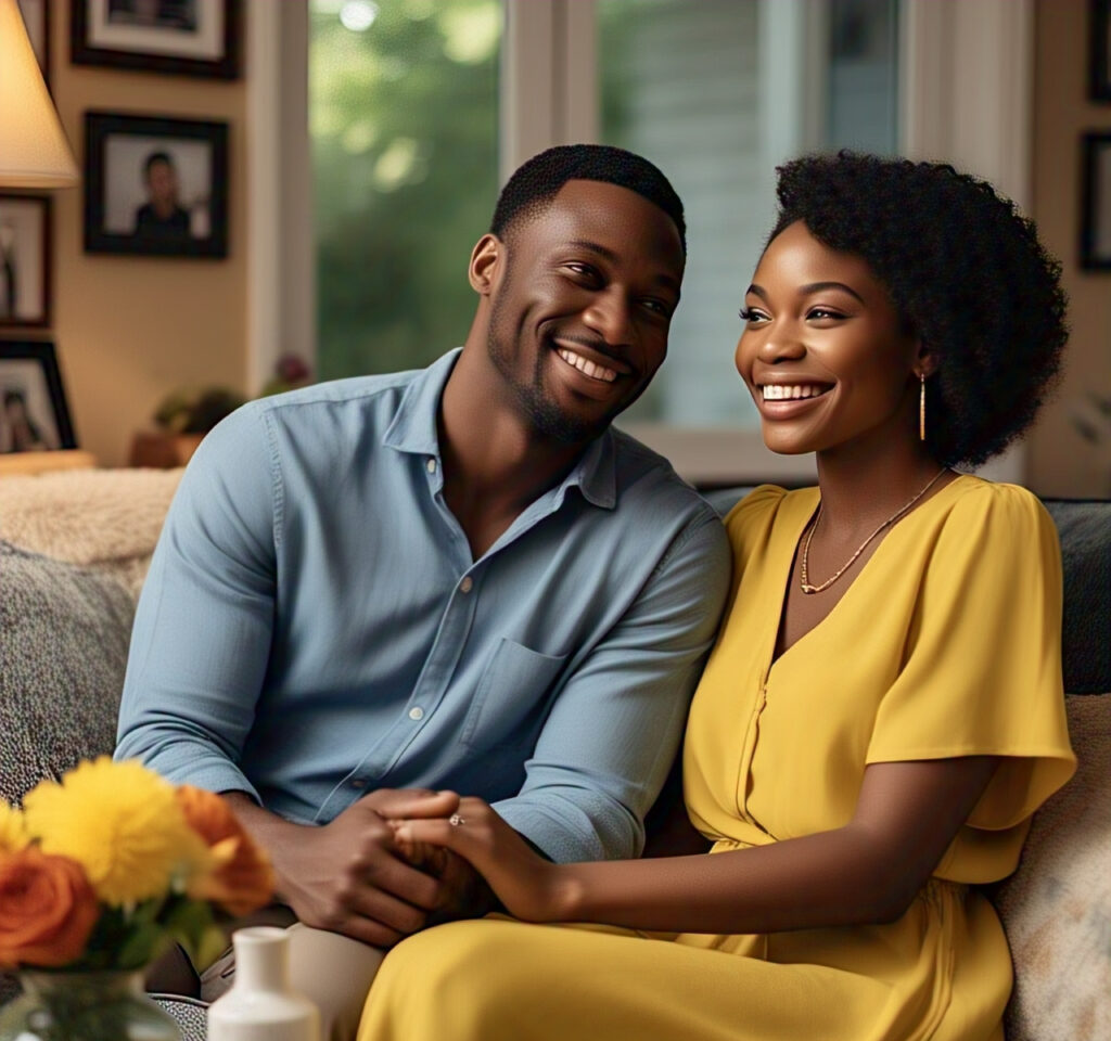 Newlywed couple discussing sexual health and intimacy in a relaxed home environment