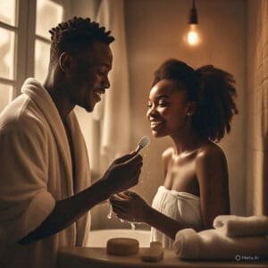 WELLbeing Magazine 19 Confident young African couple practicing good sexual hygiene together in a clean, intimate setting